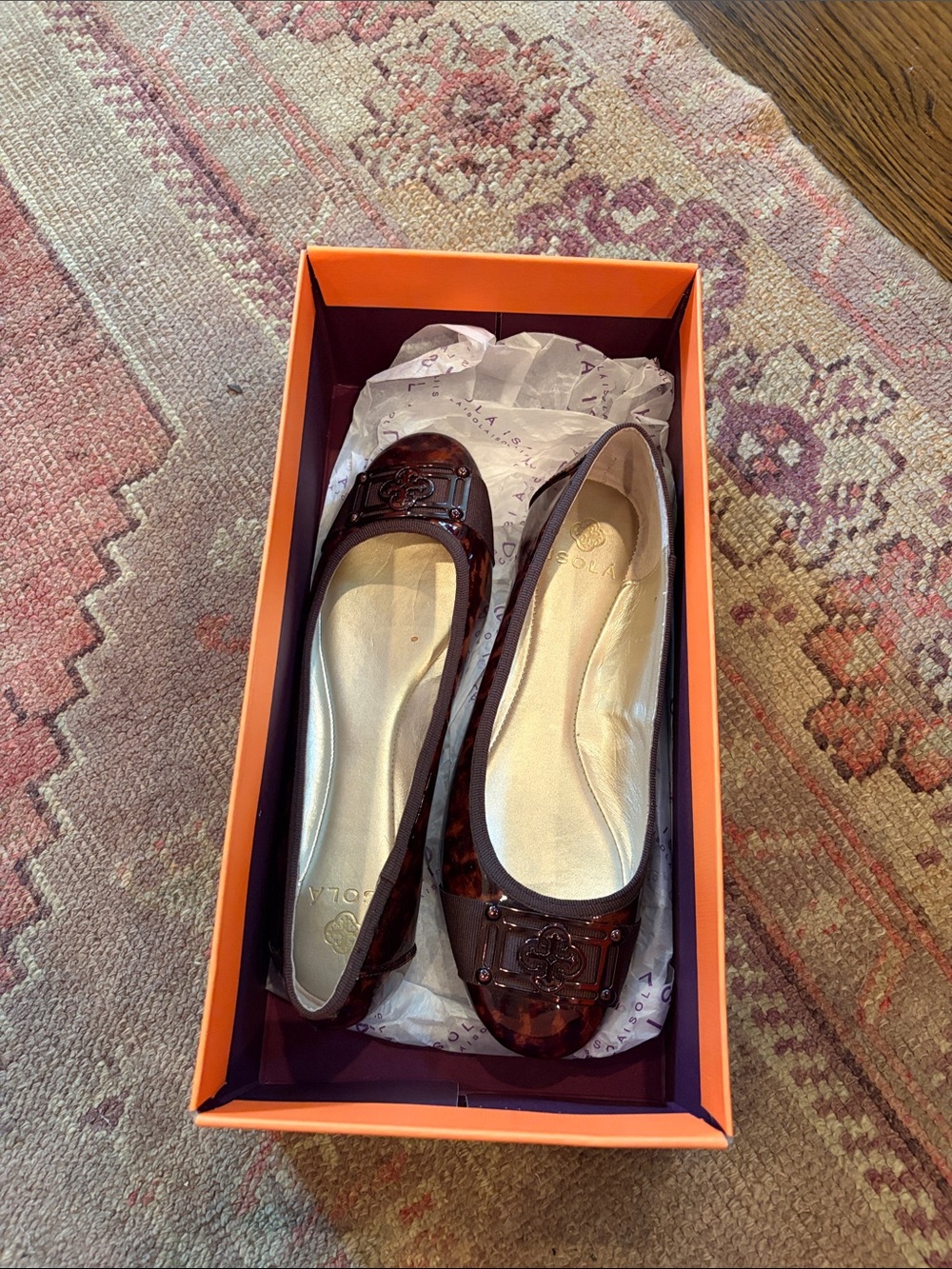 Isola Dark Brown Patent Ballet Flats with Logo Accent